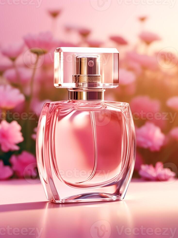 AI generated Luxurious floral scent, fragrance bottle and pink flowers, perfume commercial in flower garden, bespoke perfumery and beauty product sale, generative ai photo