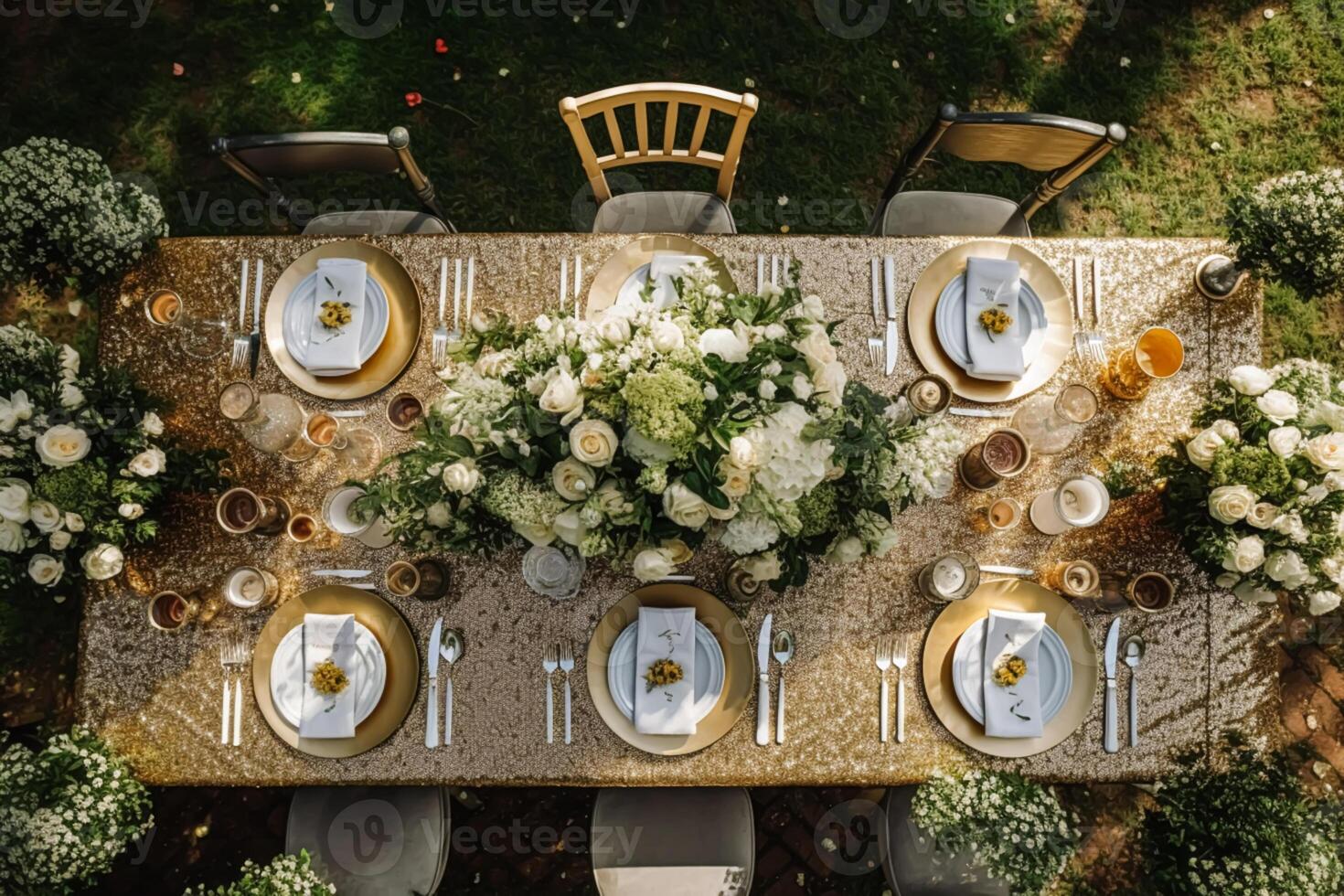 AI generated Holiday tablescape, golden formal dinner table setting, table scape with gold decoration for wedding party and event celebration, generative ai photo