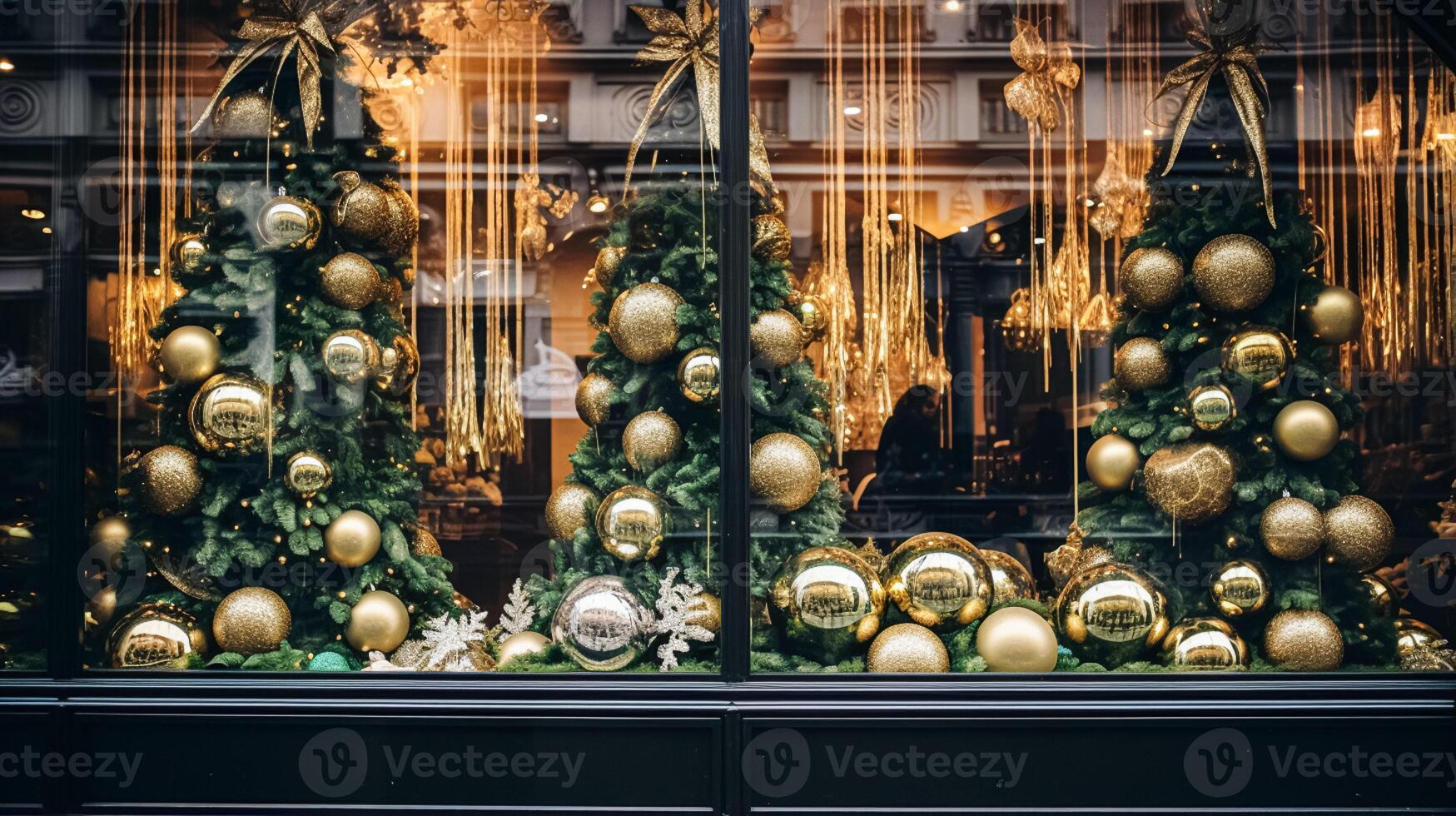 AI generated Christmas decoration details on English styled luxury high street city store door or shopping window display, holiday sale and shop decor photo