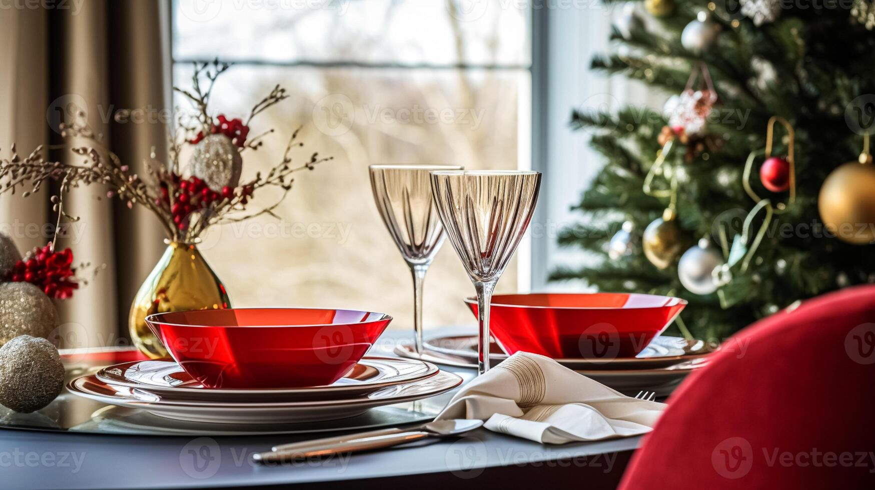 AI generated Christmas holiday family breakfast, table setting decor and festive tablescape, English country and home styling photo