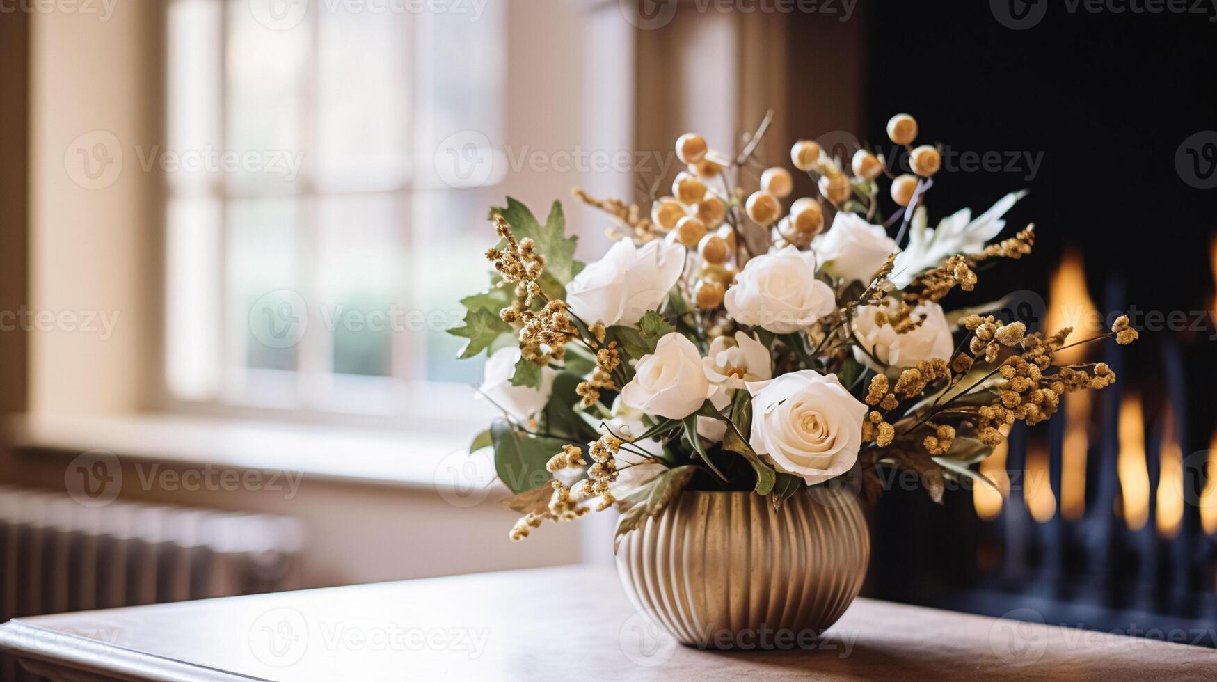 AI generated Floral arrangement with winter, autumn or early spring botanical plants and flowers photo