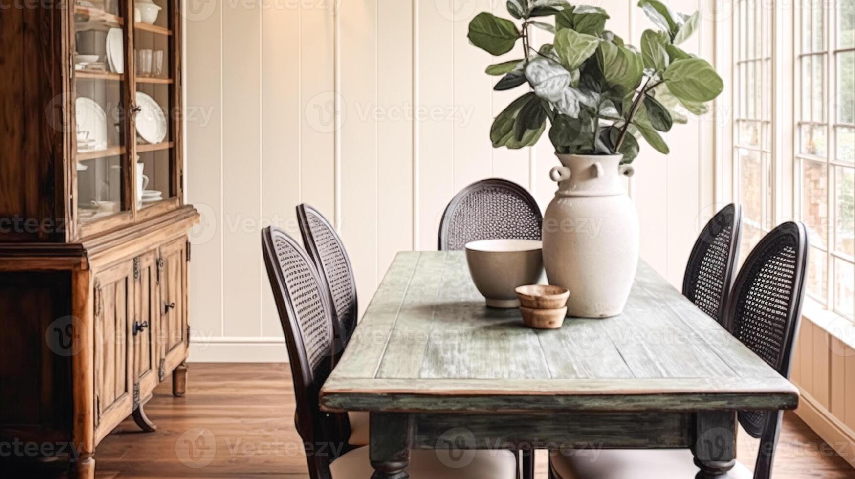 AI generated Wooden cottage dining room decor, interior design and country house furniture, home decor, table and chairs, English countryside style photo