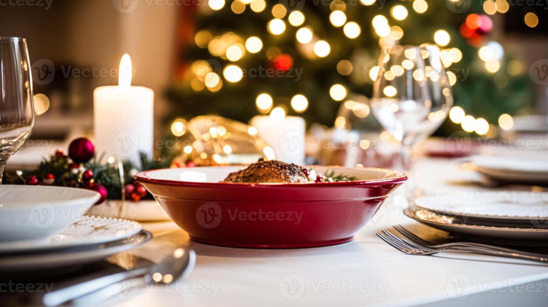 ai generado vajilla y vajilla conjunto para invierno fiesta familia cena, Navidad menaje decoración para Días festivos en el Inglés país casa, regalo conjunto y hogar peinado foto