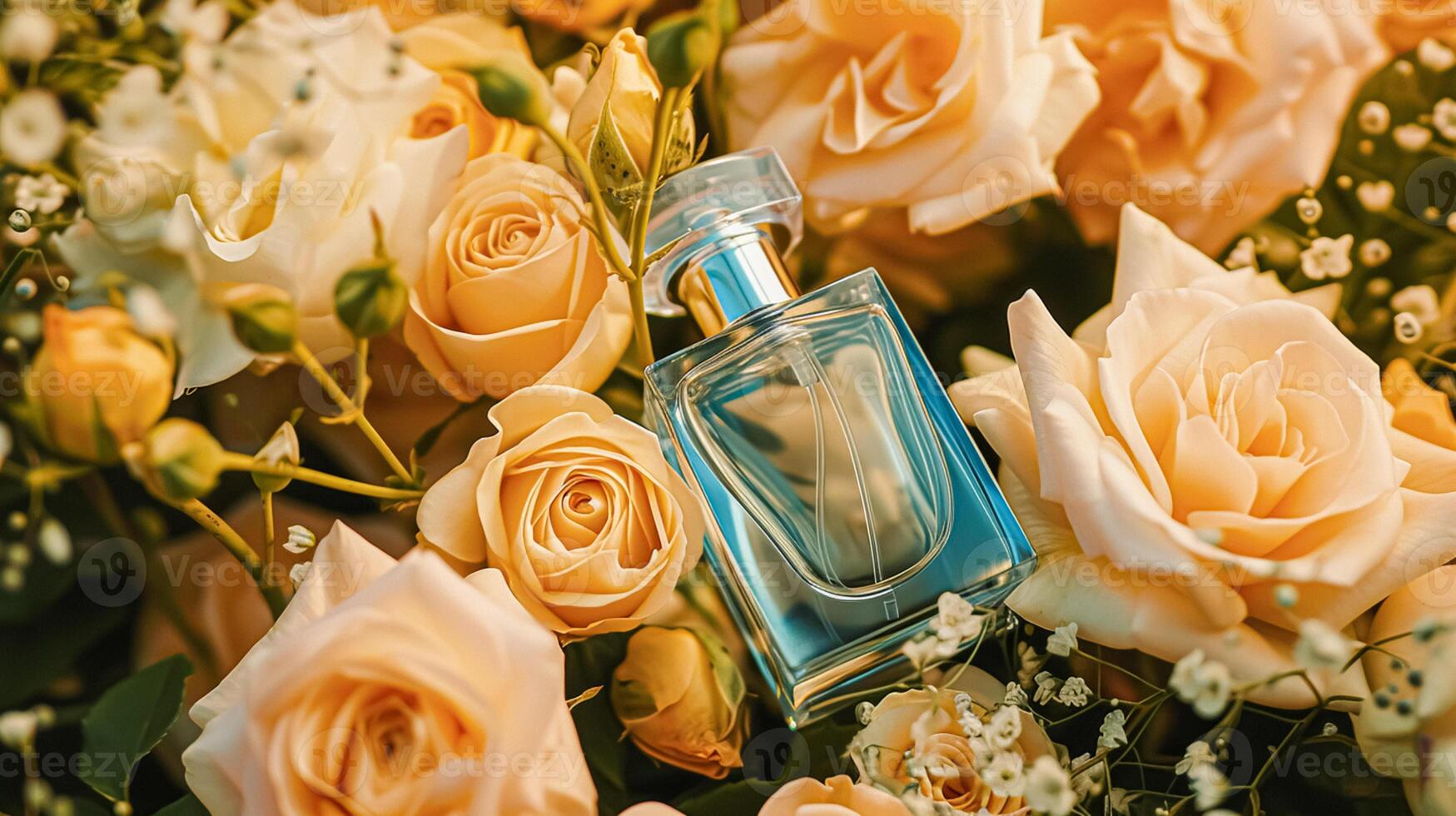 AI generated Perfume bottle in flowers, fragrance on blooming background, floral scent and cosmetic product photo