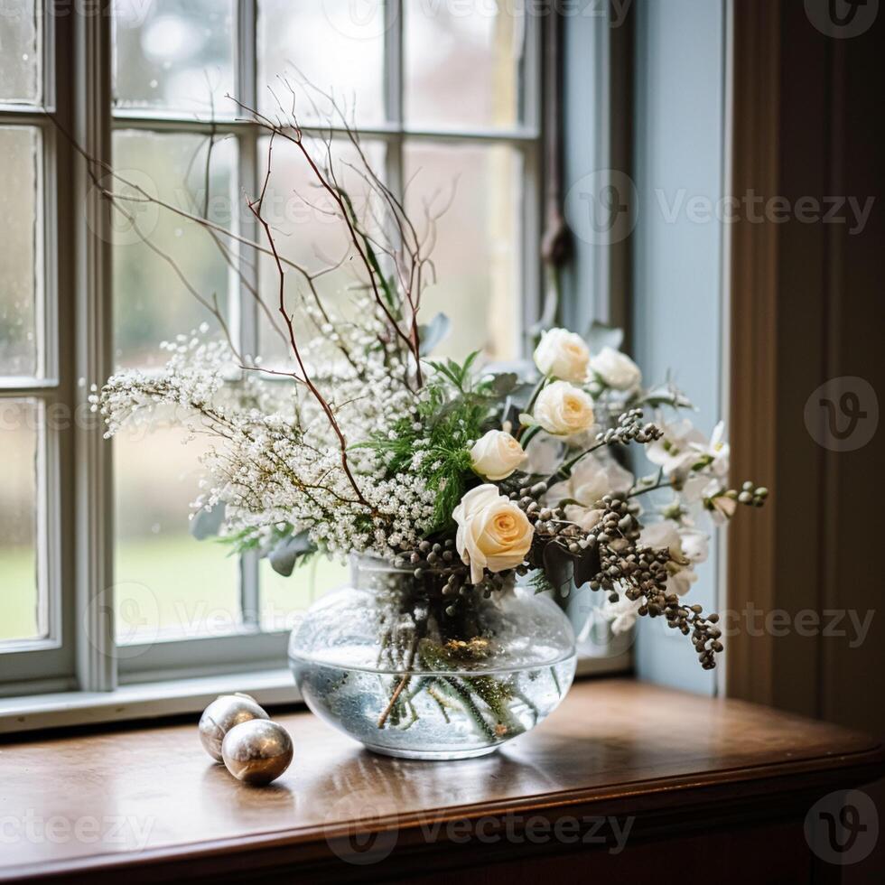 AI generated Floral arrangement with winter, autumn or early spring botanical plants and flowers photo