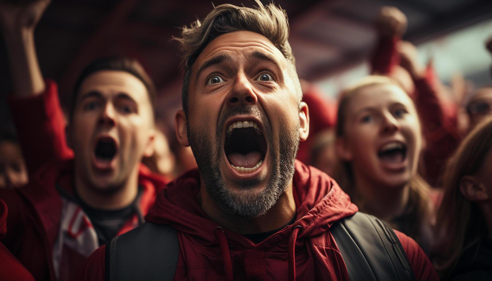 AI generated Excited fans cheering, screaming, celebrating sports championship generated by AI photo
