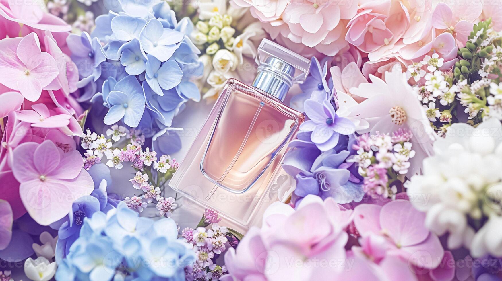 AI generated Perfume bottle in flowers, fragrance on blooming background, floral scent and cosmetic product photo