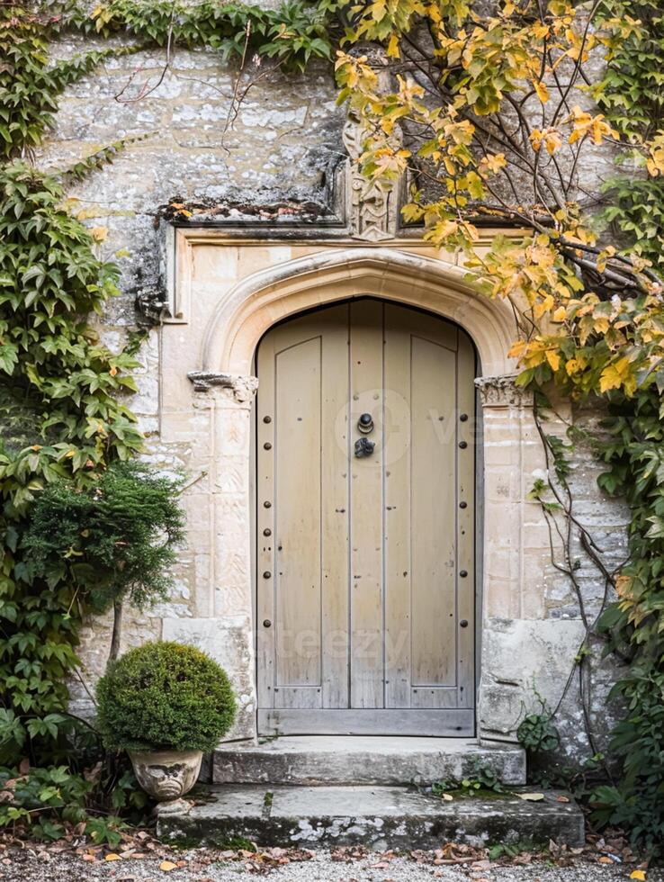 AI generated Entrance to a historic manor, framed by antique architectural elements and flanked by potted topiaries, features an aged door photo