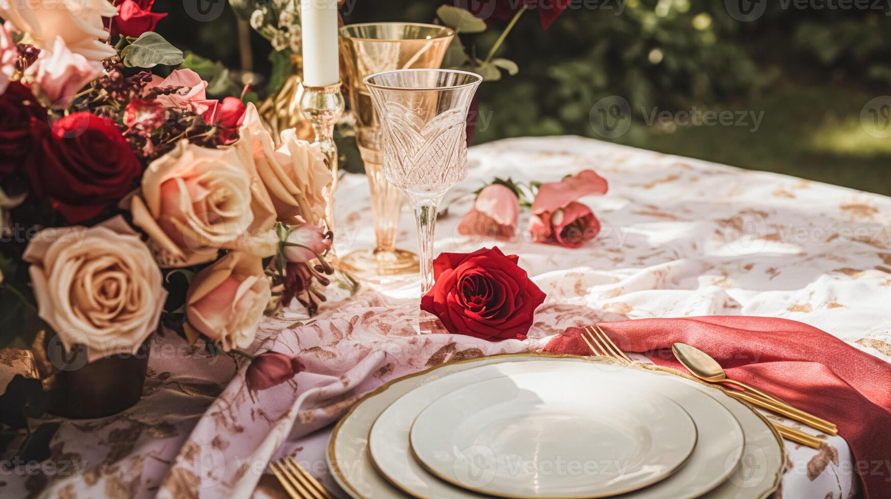 AI generated Wedding and event celebration tablescape with flowers, formal dinner table setting with roses and wine, elegant floral table decor for dinner party and holiday decoration, home styling photo