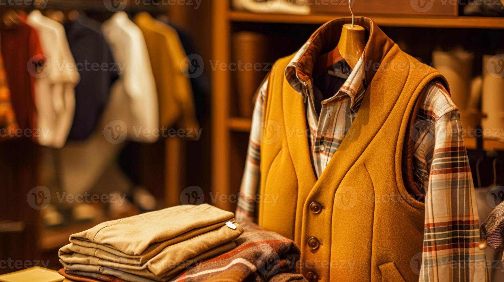 AI generated Menswear store in English countryside style, autumn winter clothing collection photo