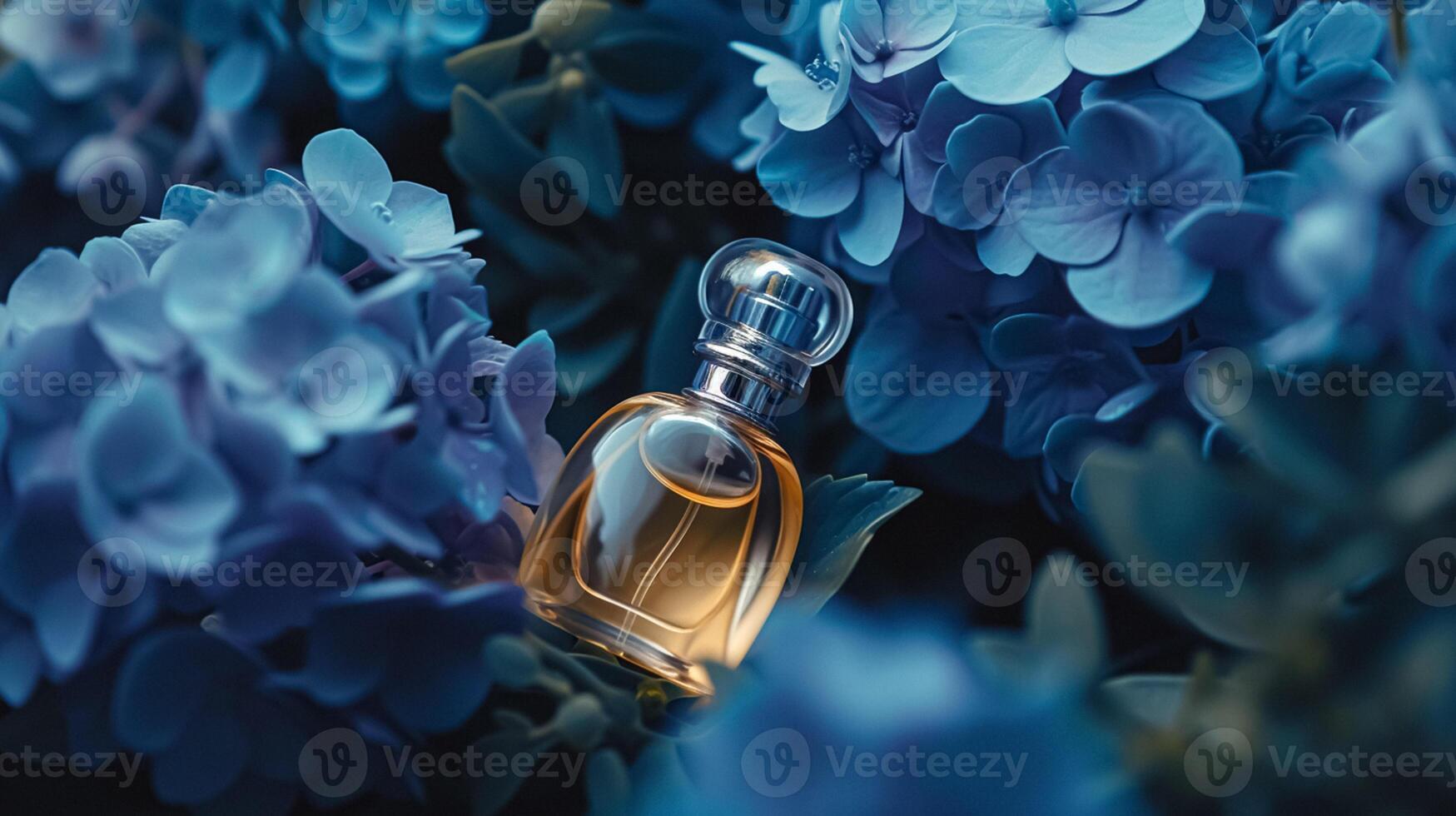 AI generated Perfume bottle in flowers, fragrance on blooming background, floral scent and cosmetic product photo