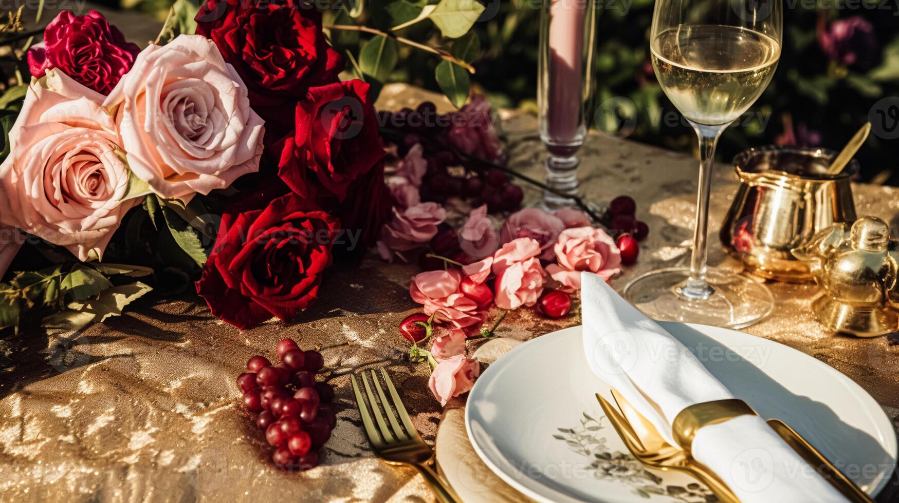 AI generated Wedding and event celebration tablescape with flowers, formal dinner table setting with roses and wine, elegant floral table decor for dinner party and holiday decoration, home styling photo