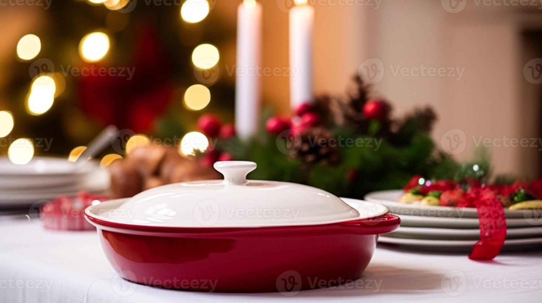 AI generated Dishware and crockery set for winter holiday family dinner, Christmas homeware decor for holidays in the English country house, gift set and home styling photo