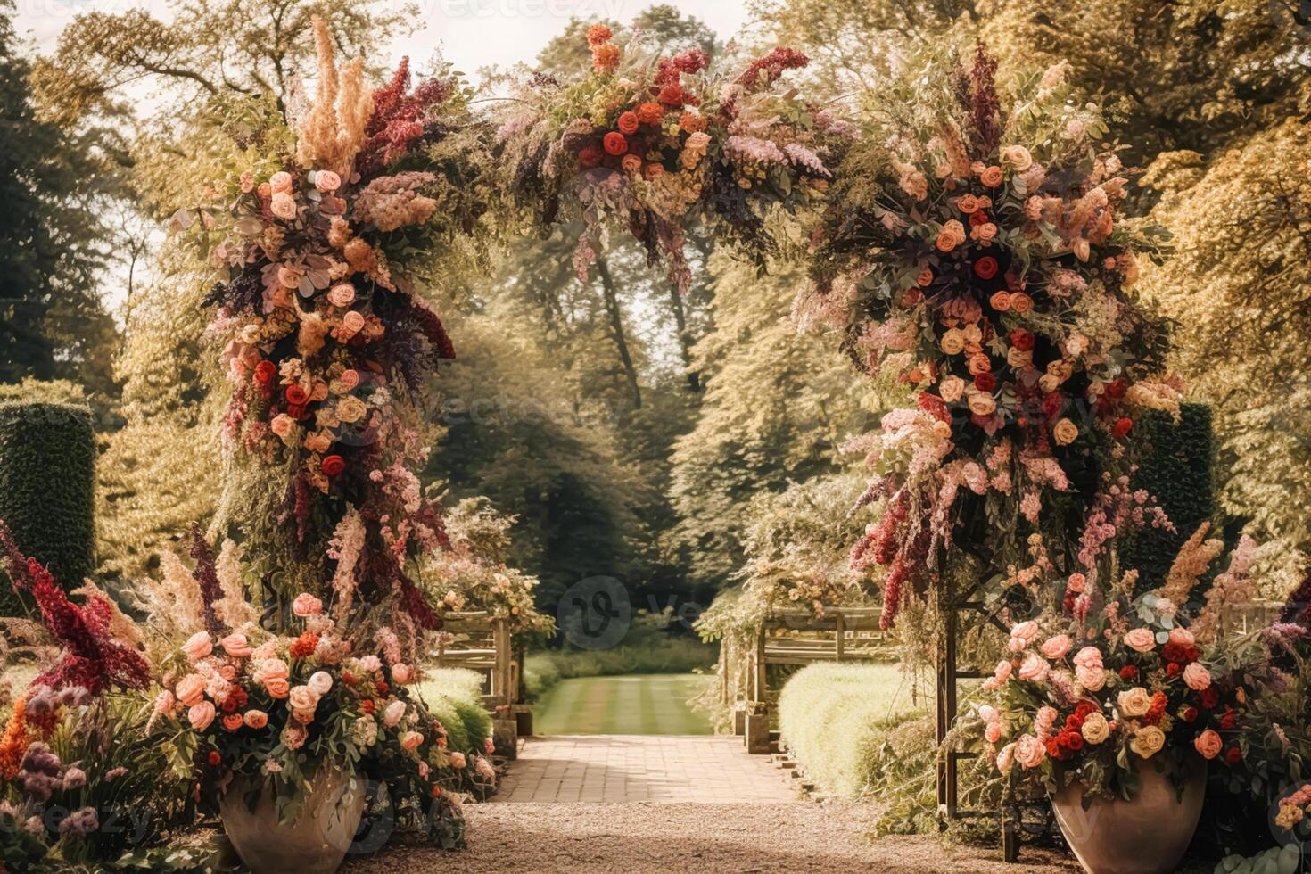 AI generated Floral decoration, wedding decor and autumn holiday celebration, autumnal flowers and event decorations in the English countryside garden, country style photo