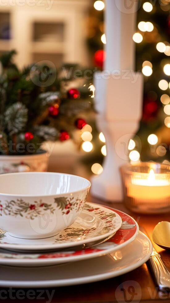 AI generated Dishware and crockery set for winter holiday family dinner, Christmas homeware decor for holidays in the English country house, gift set and home styling photo