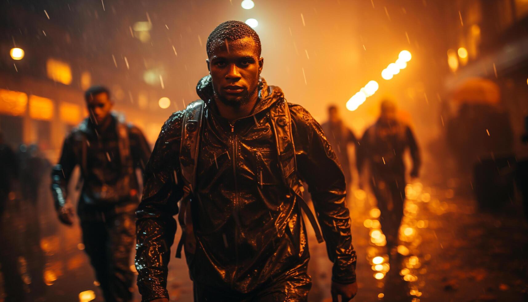 AI generated Nighttime military crowd walking in wet city generated by AI photo