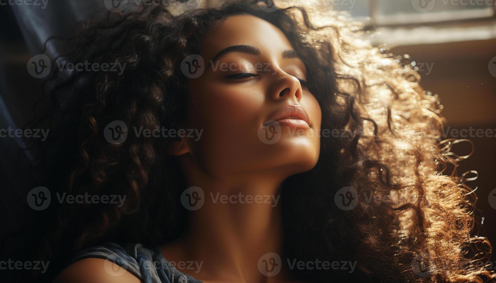 AI generated Young woman with curly brown hair smiling outdoors generated by AI photo