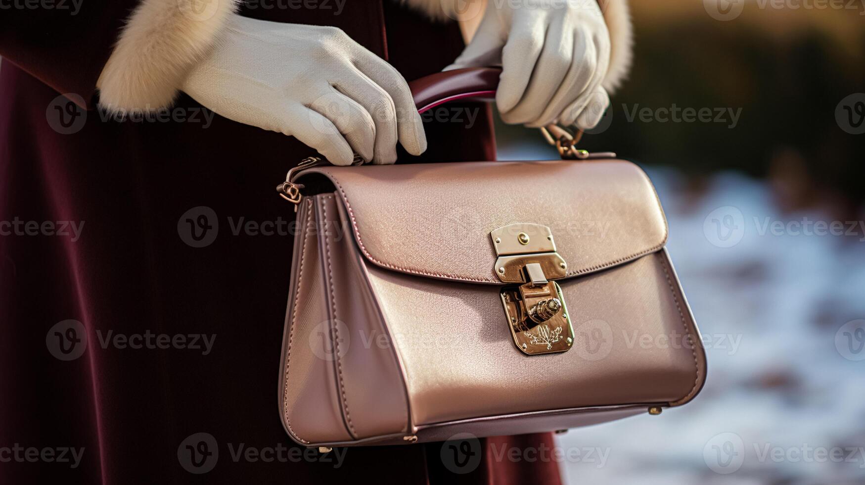 AI generated Fashion, accessory and style, autumn winter womenswear clothing collection, woman wearing elegant clothes, gloves and handbag, English countryside look photo