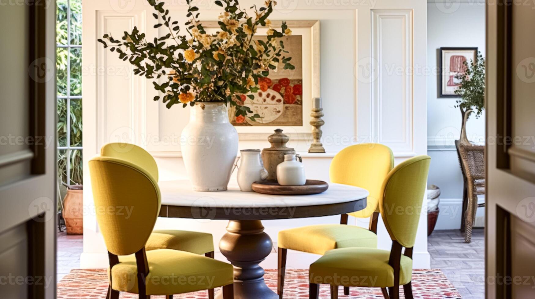 AI generated Modern cottage dining room decor, interior design and country house furniture, home decor, table and yellow chairs, English countryside style photo