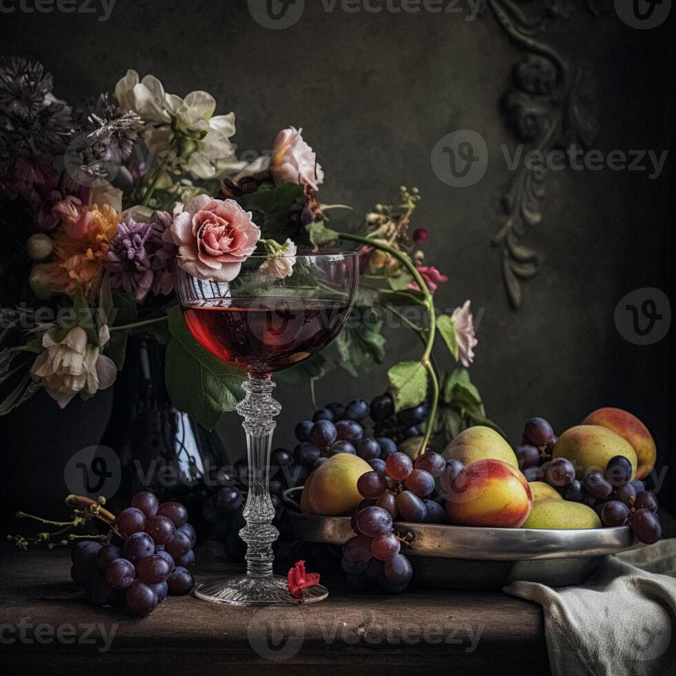 imperial todavía vida, presentando un vaso de rojo vino, un generosidad de Fresco fruta, y un clásico florero desbordante con flores foto