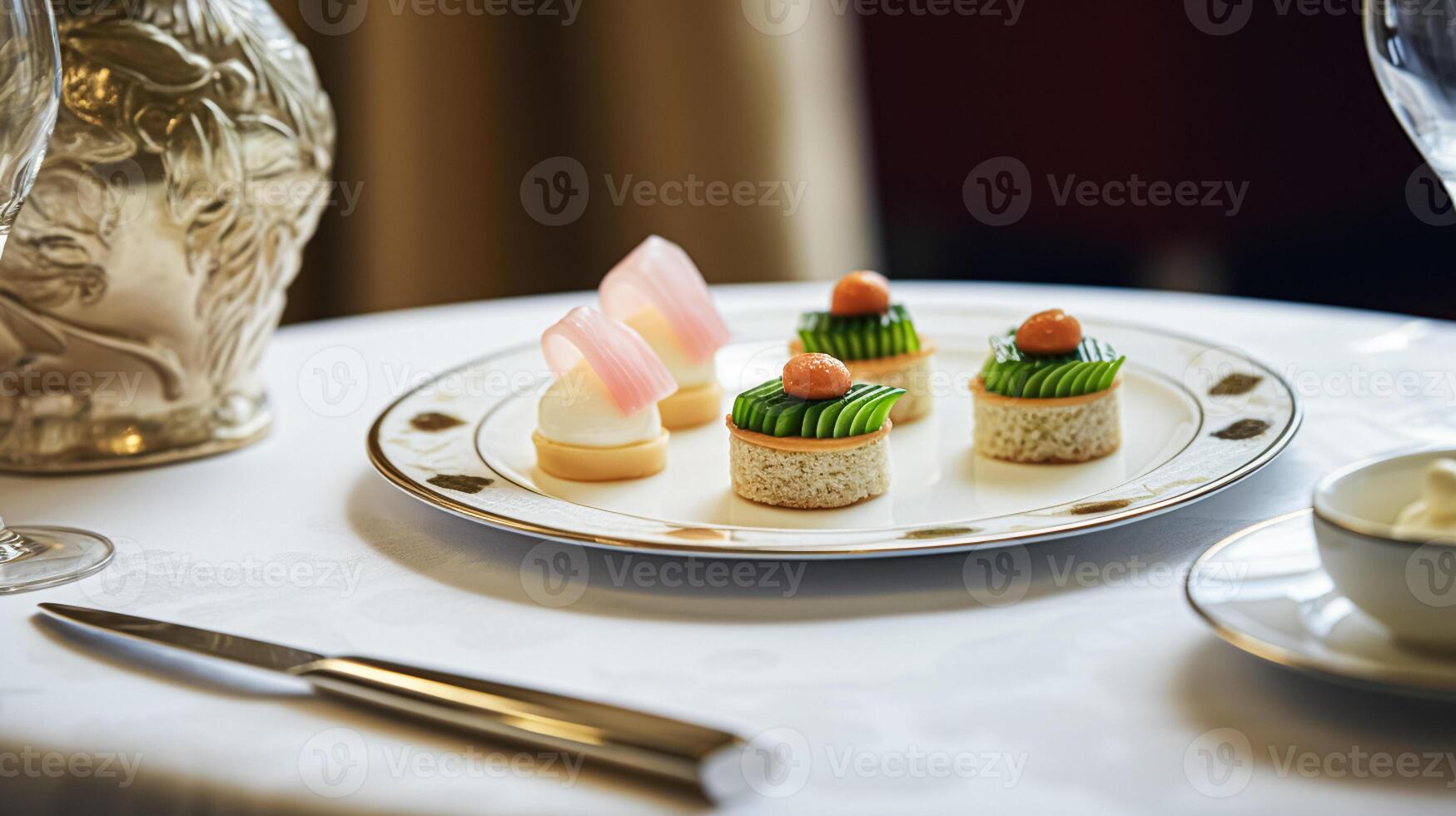 AI generated Food, hospitality and room service, starter appetisers as exquisite cuisine in hotel restaurant a la carte menu, culinary art and fine dining photo