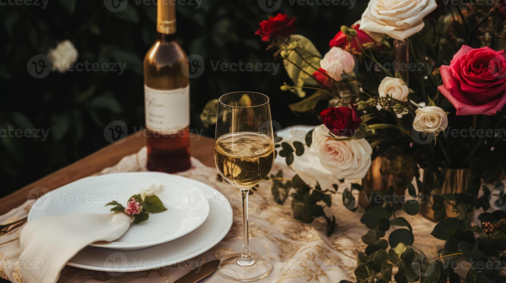 AI generated Wedding and event celebration tablescape with flowers, formal dinner table setting with roses and wine, elegant floral table decor for dinner party and holiday decoration, home styling photo