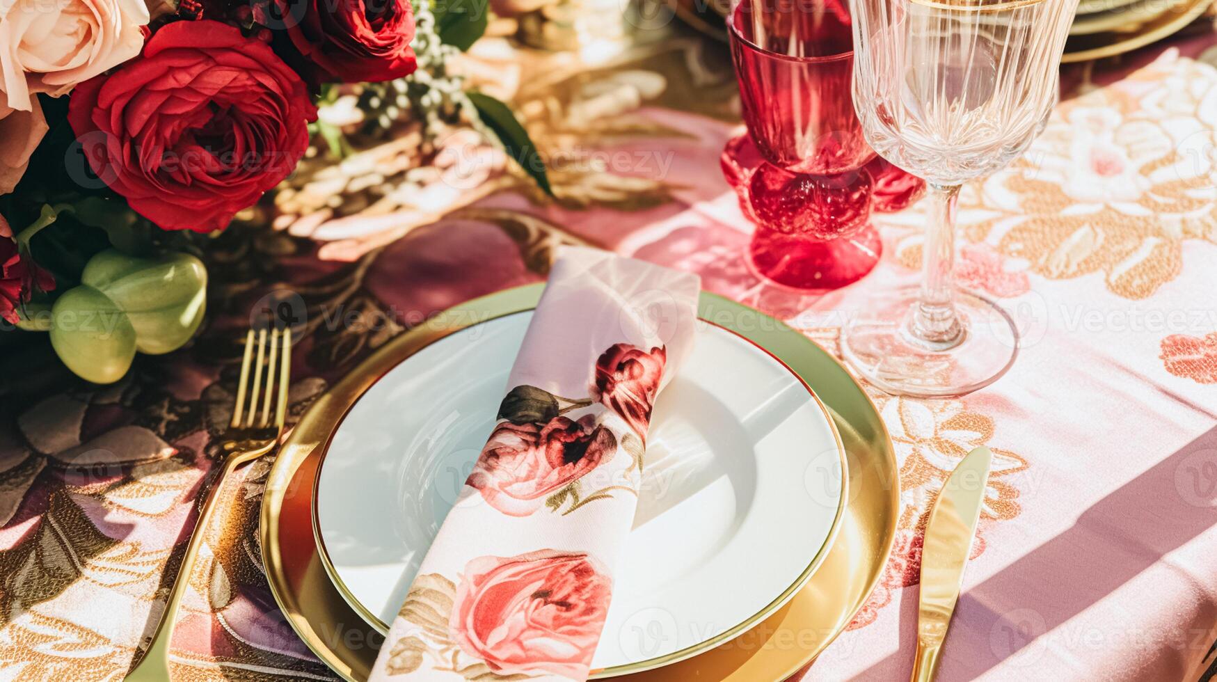 ai generado Boda y evento celebracion paisaje de mesa con flores, formal cena mesa ajuste con rosas y vino, elegante floral mesa decoración para cena fiesta y fiesta decoración, hogar peinado foto