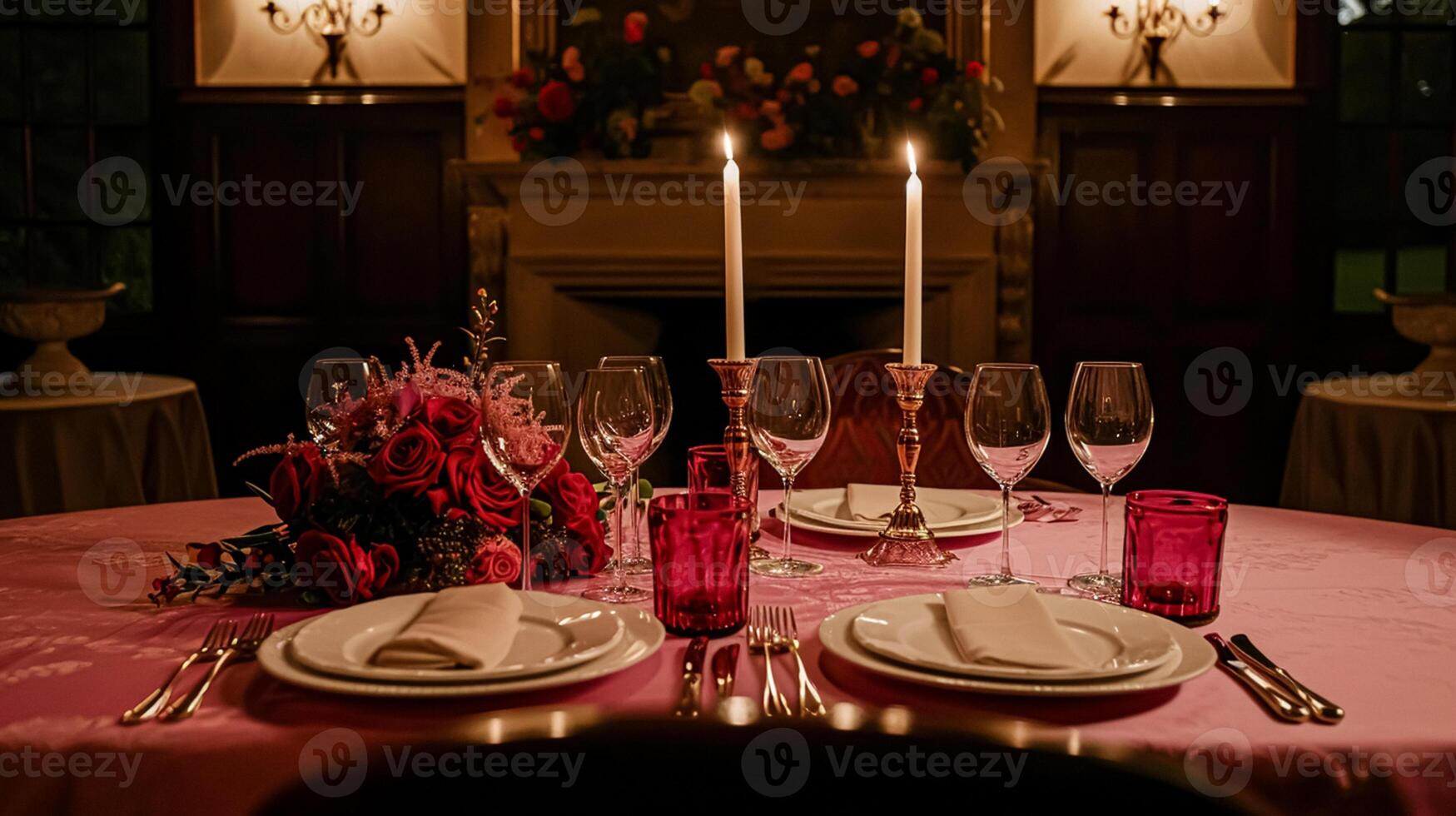 AI generated Valentines day tablescape and table decor, romantic table setting with flowers, formal dinner and date, beautiful cutlery and tableware photo