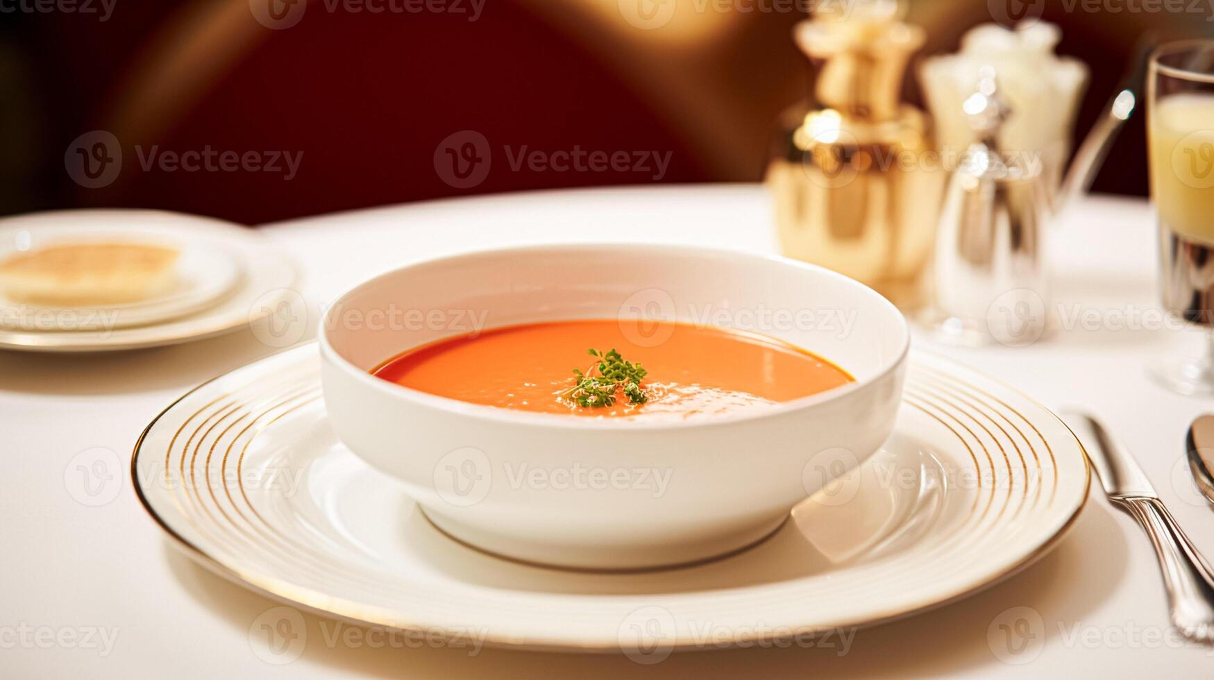 AI generated Tomato cream soup in a restaurant, English countryside exquisite cuisine menu, culinary art food and fine dining photo