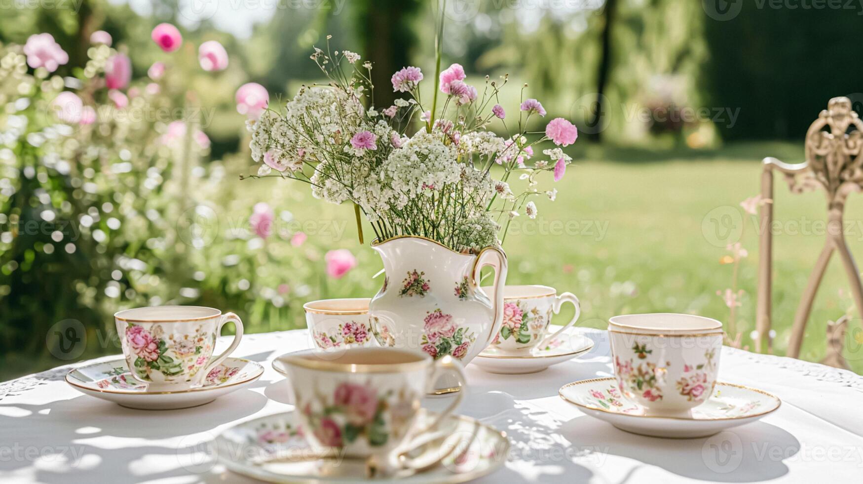 ai generado encantador tarde té con pasteles y pasteles foto