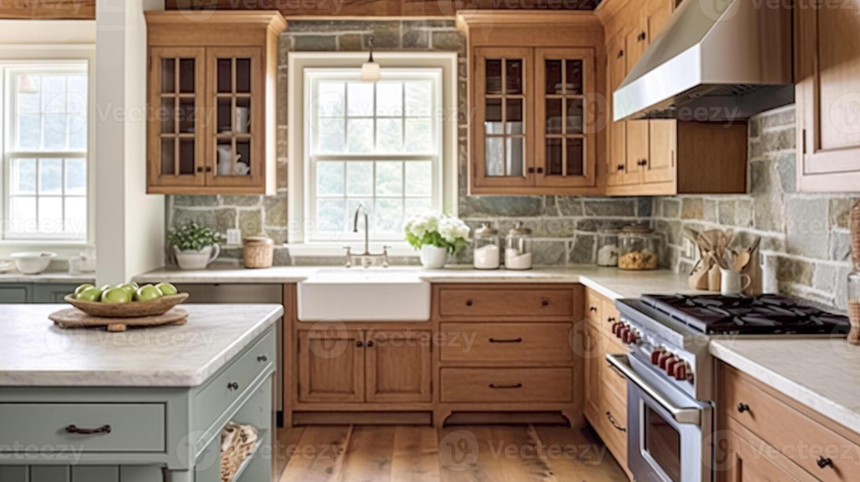 AI generated Cottage kitchen decor, interior design and country house, wooden in frame kitchen cabinetry, sink, stove and stone countertop, English countryside style photo