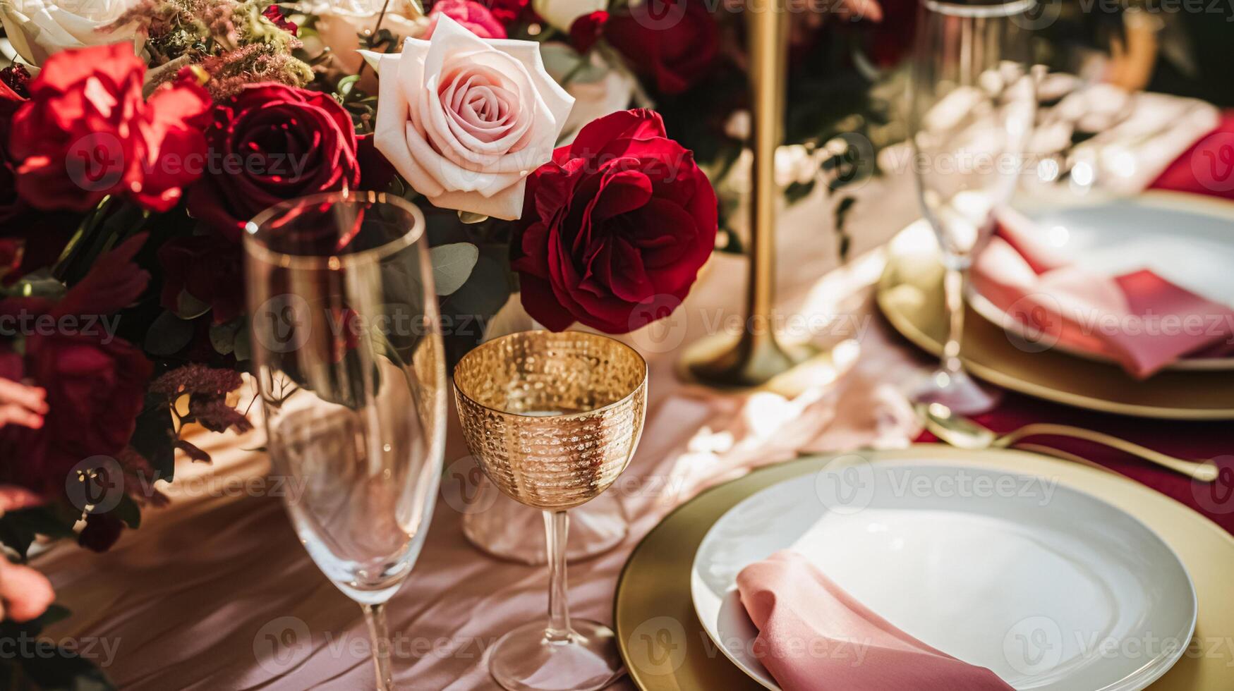 AI generated Wedding and event celebration tablescape with flowers, formal dinner table setting with roses and wine, elegant floral table decor for dinner party and holiday decoration, home styling photo