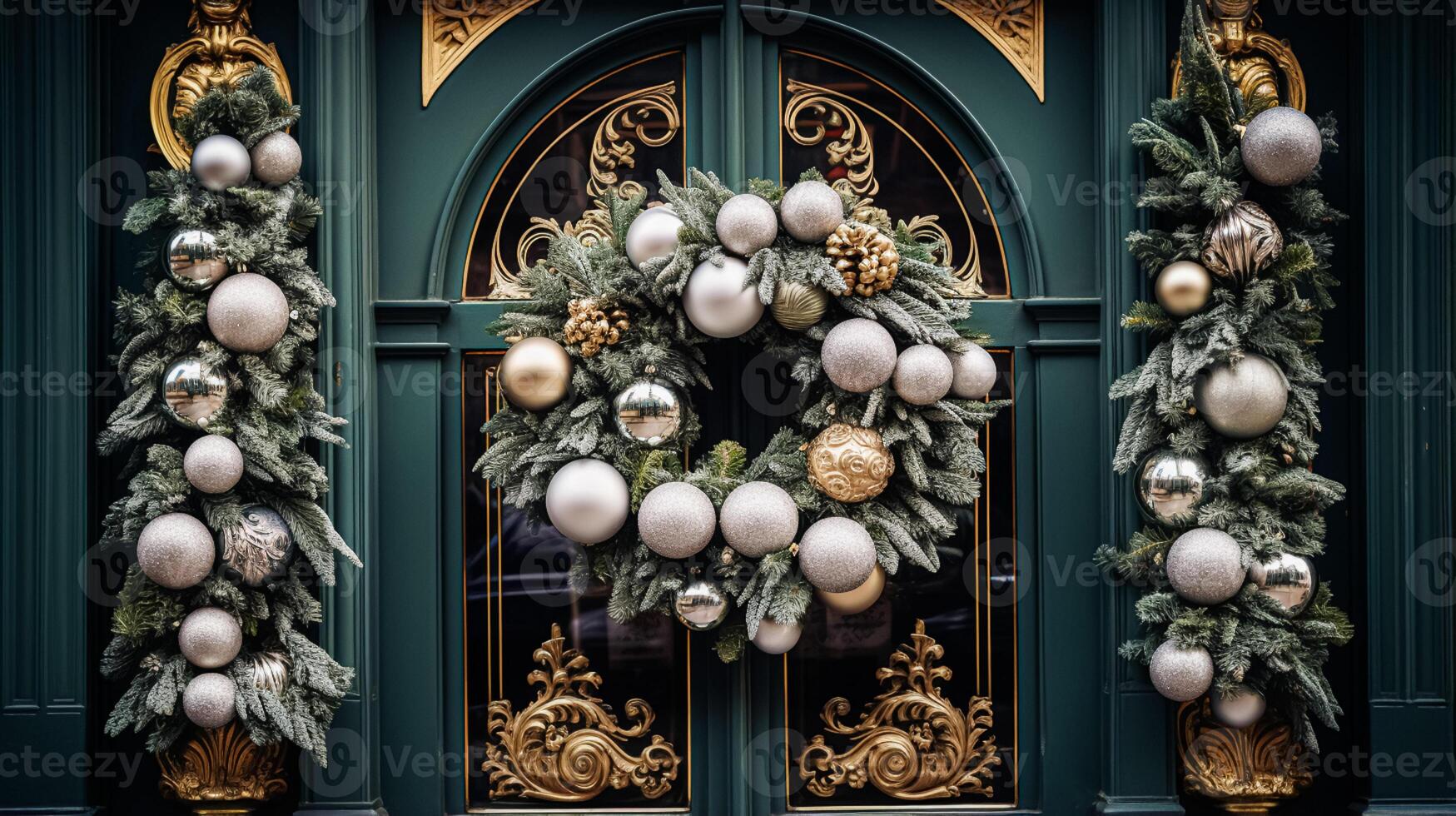 AI generated Christmas decoration details on English styled luxury high street city store door or shopping window display, holiday sale and shop decor photo