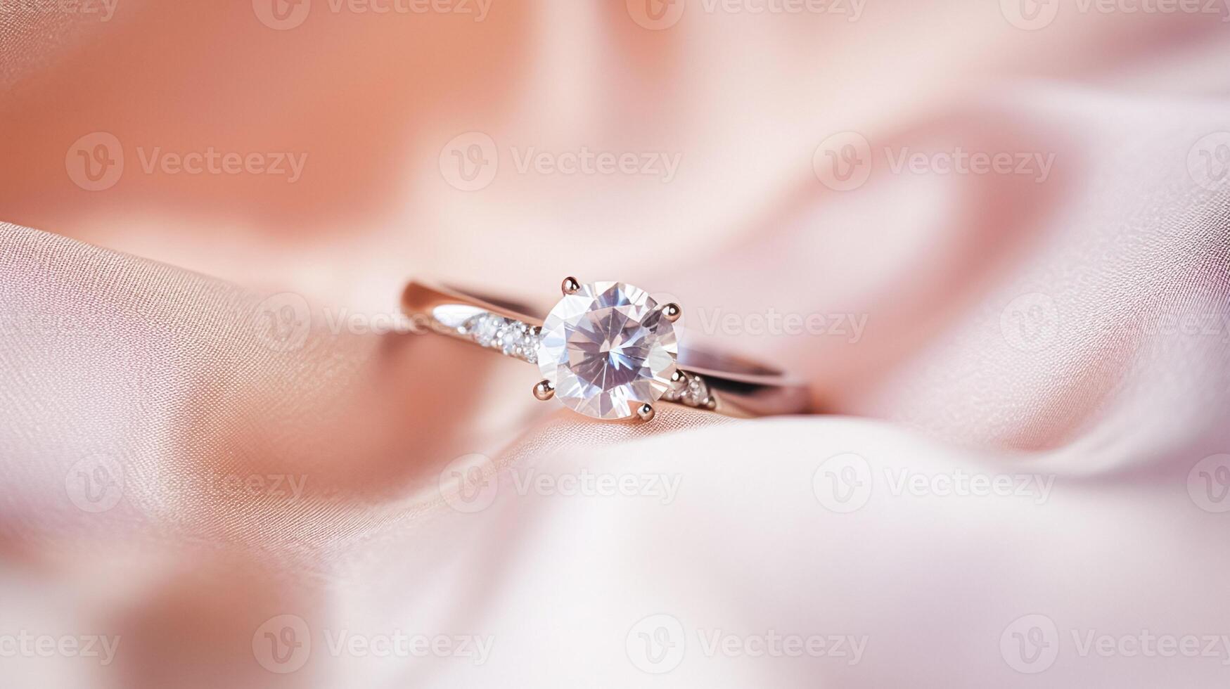 AI generated Jewellery, proposal and holiday gift, diamond engagement ring on pink silk fabric, symbol of love, romance and commitment photo