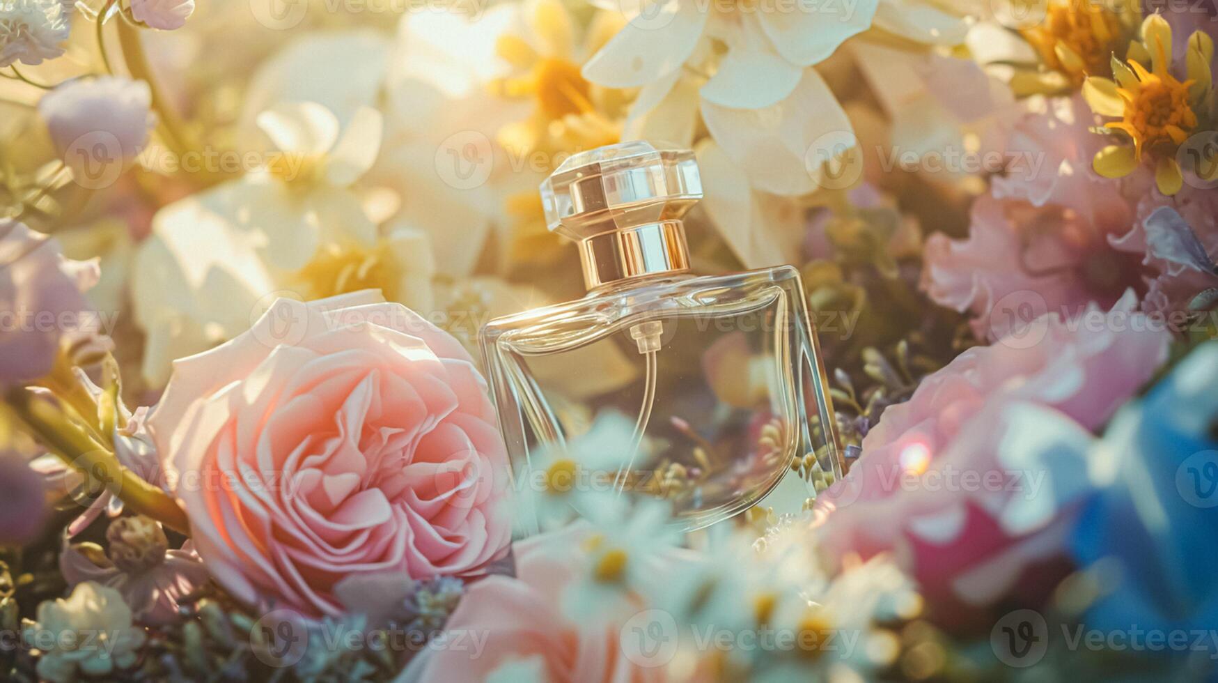 AI generated Perfume bottle in flowers, fragrance on blooming background, floral scent and cosmetic product photo