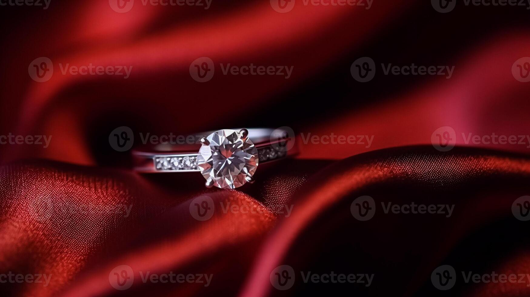 AI generated Jewellery, proposal and holiday gift, diamond engagement ring on red silk fabric, symbol of love, romance and commitment photo