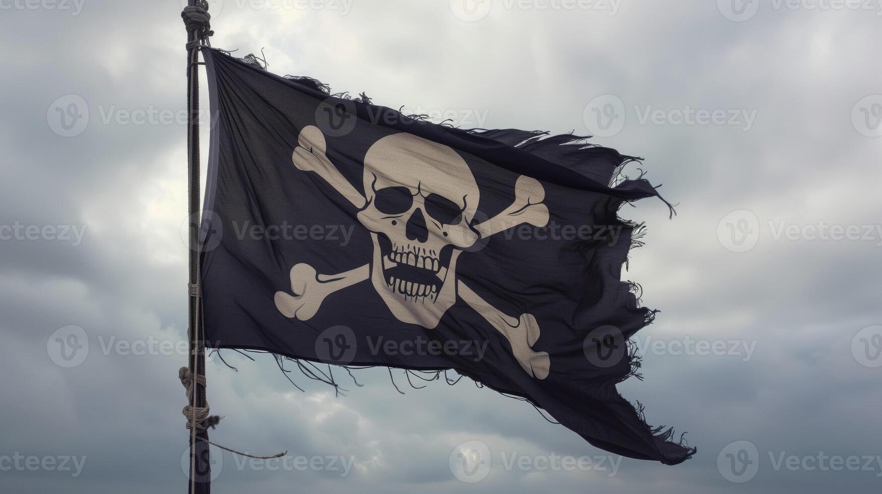 AI generated Pirate flag with skull and bones on cloudy sky background photo