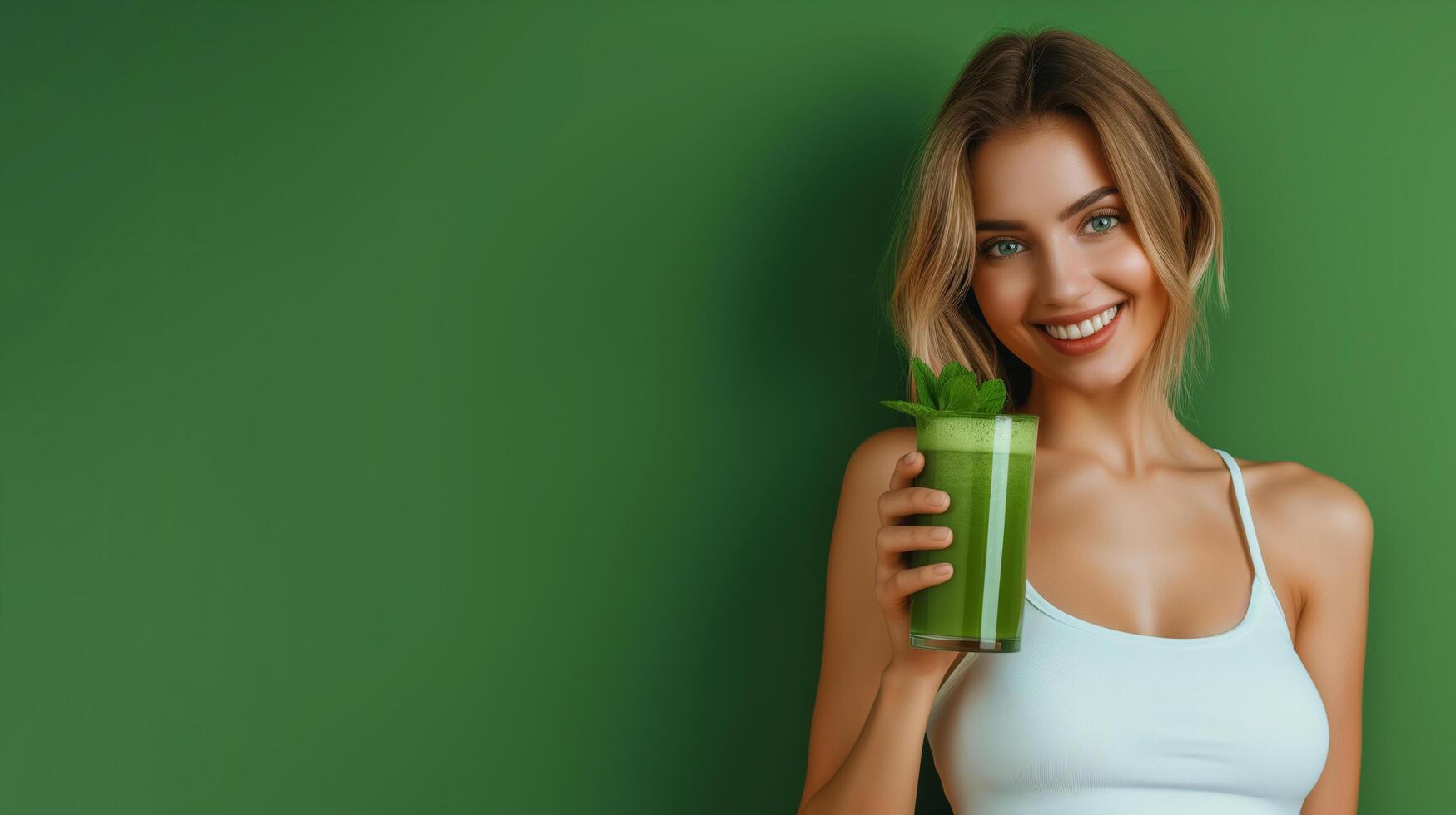 AI generated Healthy woman holding vegetable juice on green background photo