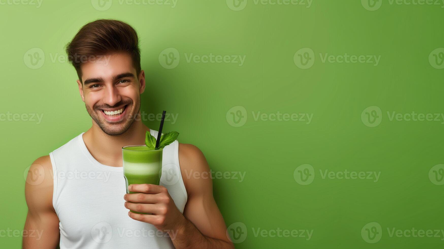 AI generated Healthy man holding vegetable juice on green background photo