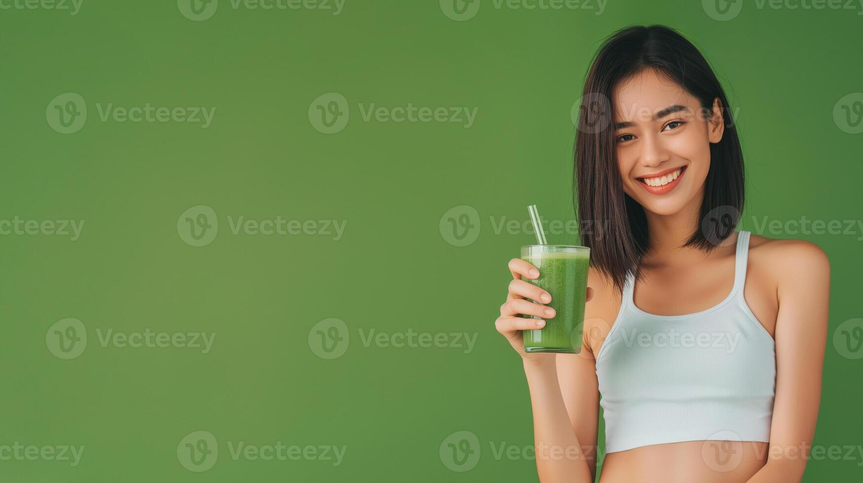 AI generated Healthy woman holding vegetable juice on green background photo