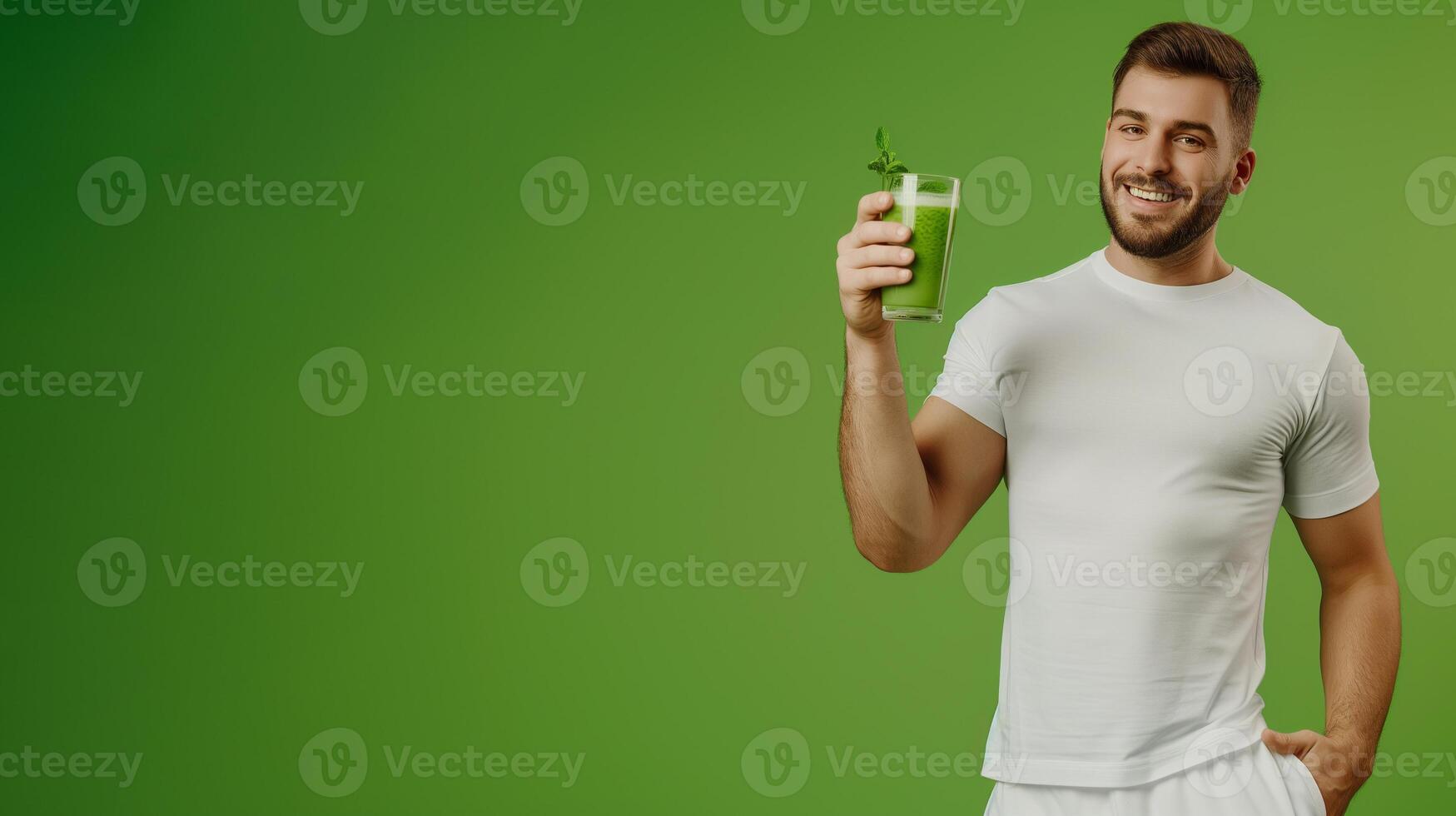 AI generated Healthy man holding vegetable juice on green background photo