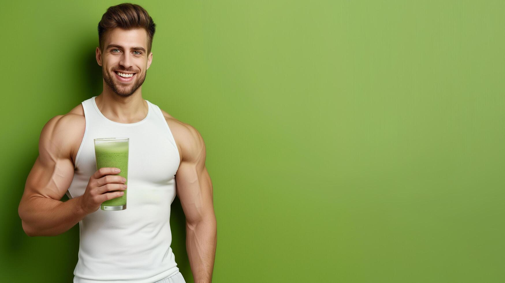 AI generated Healthy man holding vegetable juice on green background photo