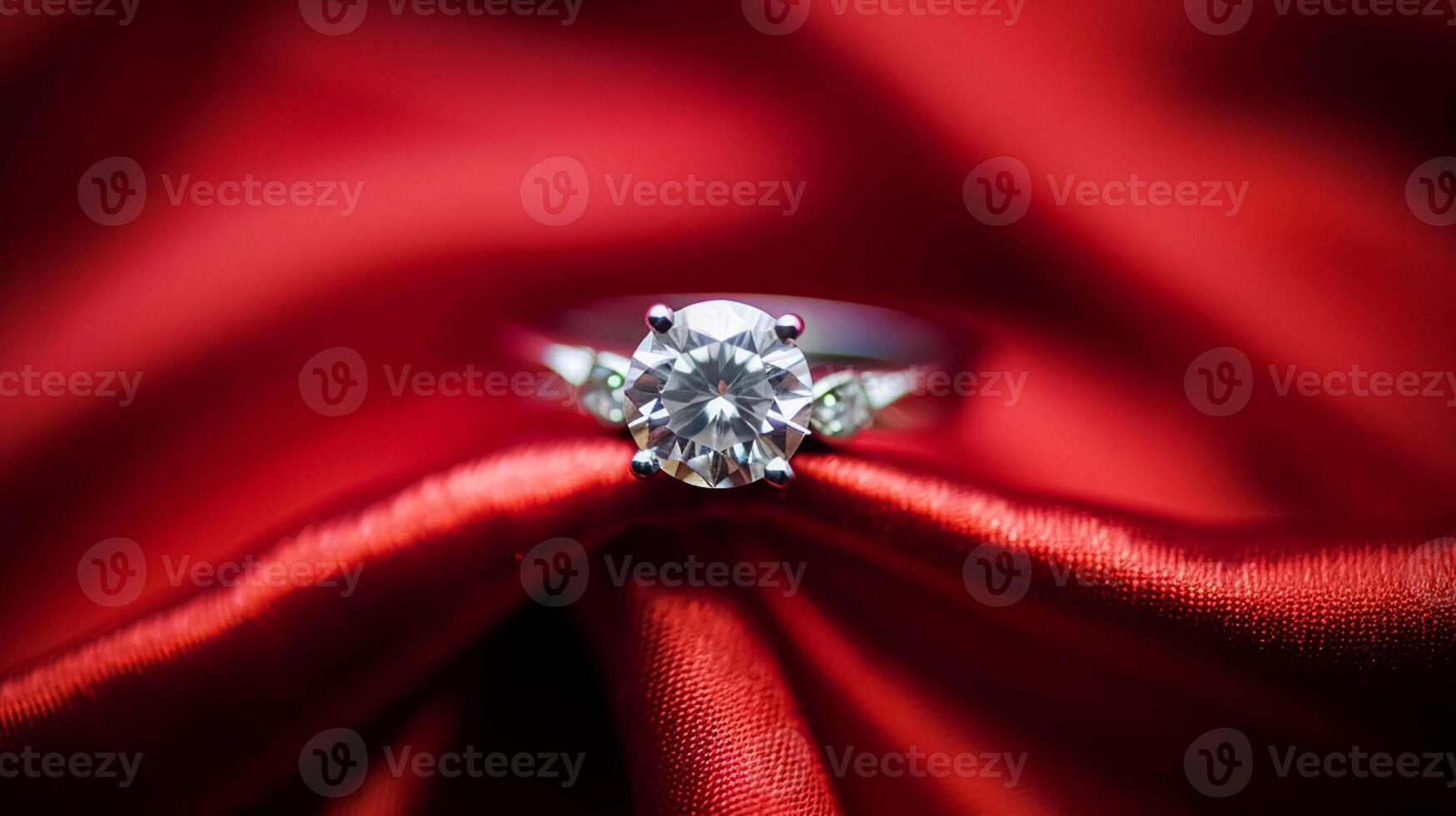 AI generated Jewellery, proposal and holiday gift, diamond engagement ring on red silk satin fabric, symbol of love, romance and commitment photo