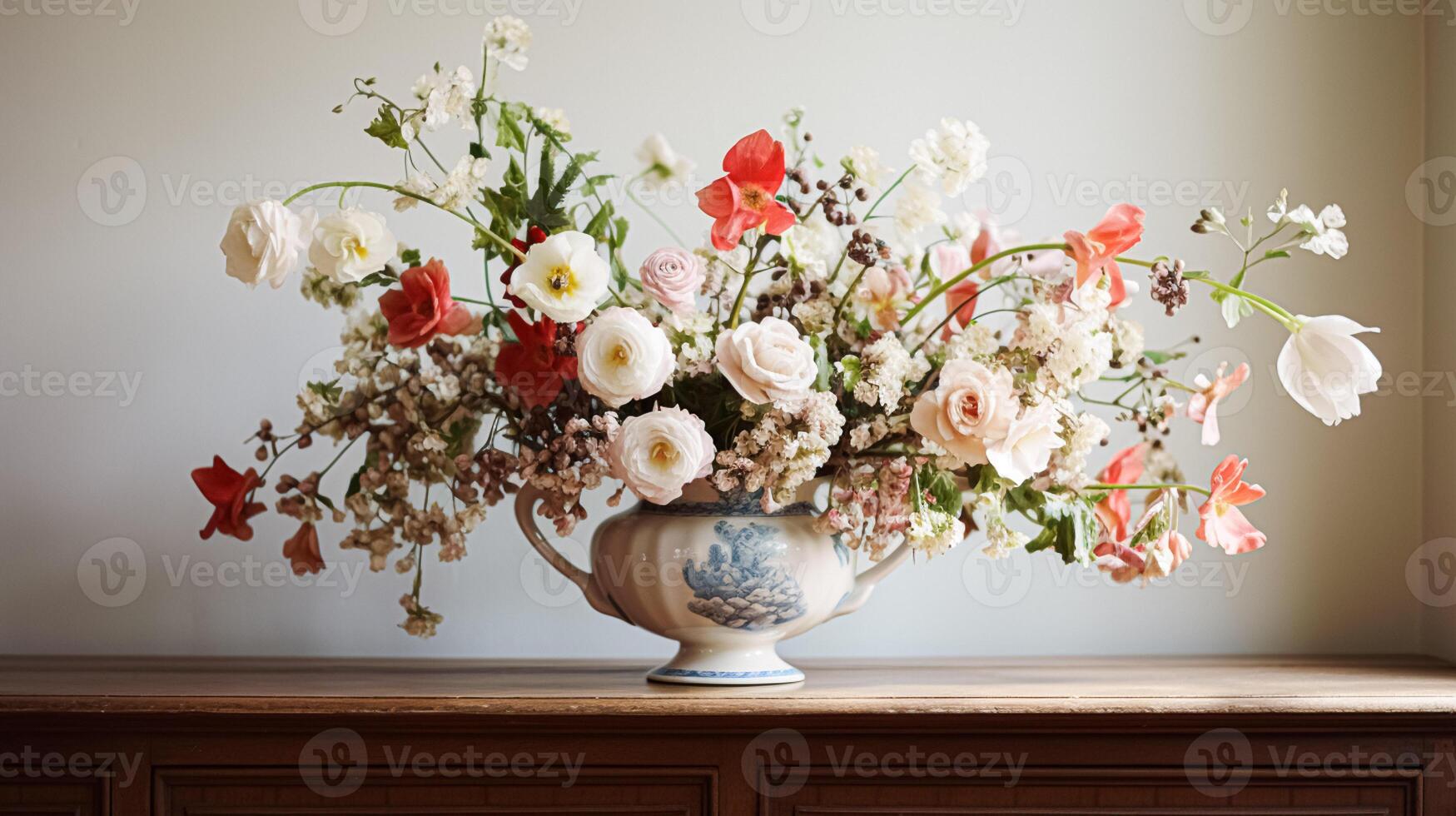 AI generated Floral arrangement with winter, autumn or early spring botanical plants and flowers photo