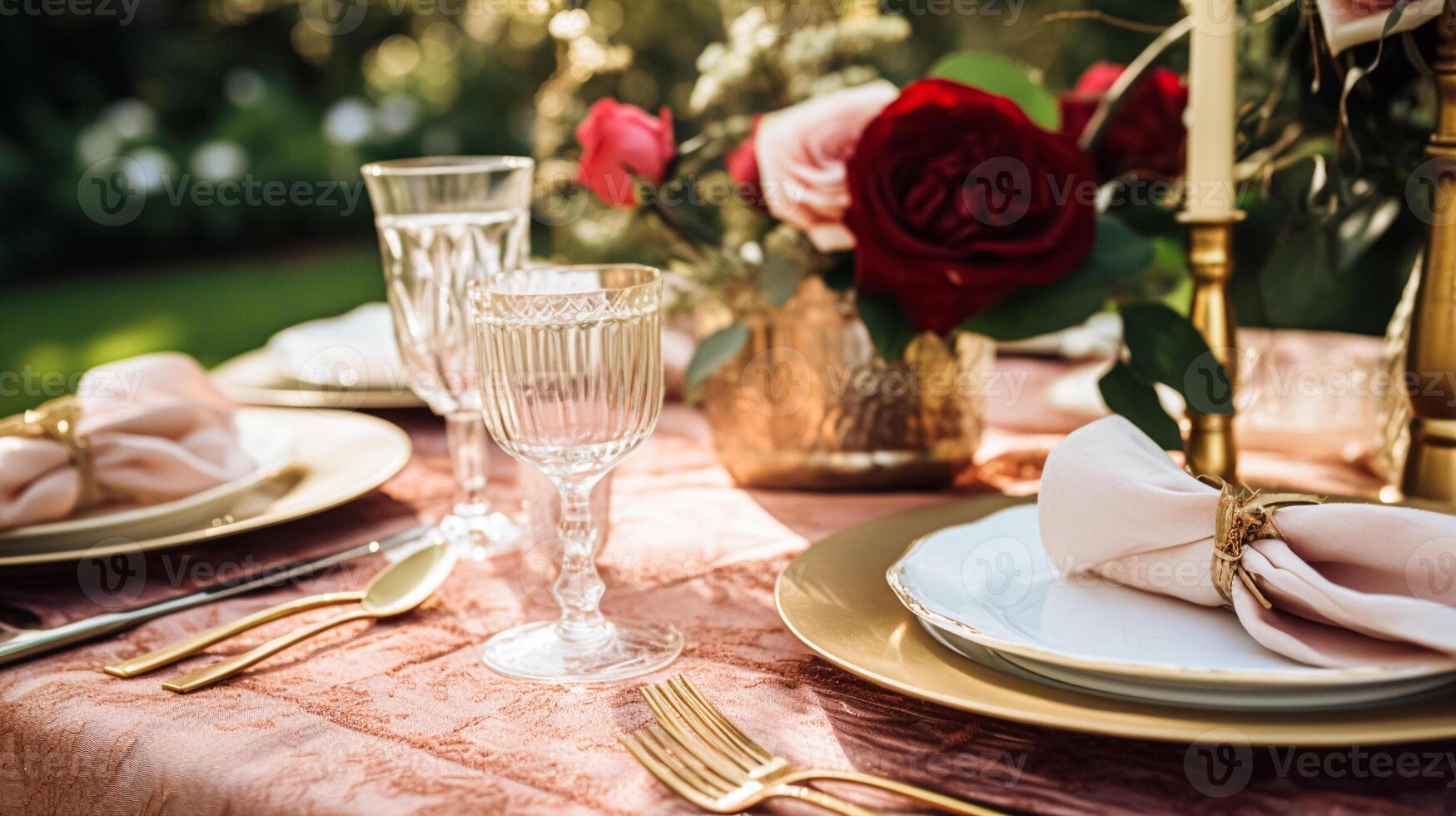 AI generated Wedding and event celebration tablescape with flowers, formal dinner table setting with roses and wine, elegant floral table decor for dinner party and holiday decoration, home styling photo