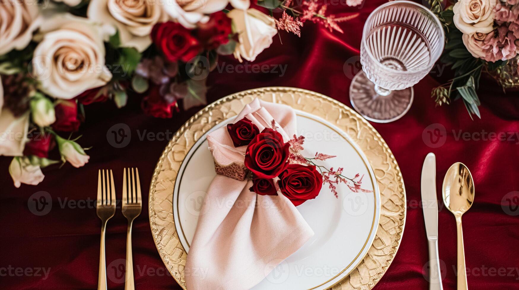 AI generated Wedding and event celebration tablescape with flowers, formal dinner table setting with roses and wine, elegant floral table decor for dinner party and holiday decoration, home styling photo