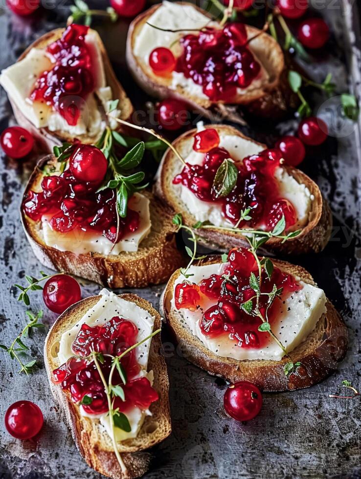 AI generated Gourmet toasts with camambert and redcurrants recipe photo