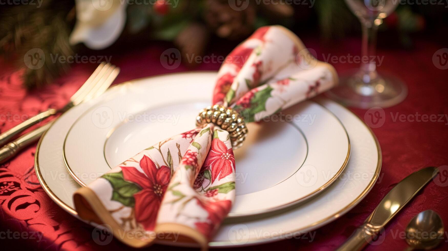 AI generated Table decor, holiday tablescape and formal dinner table setting for Christmas, holidays and event celebration, English country decoration and home styling photo