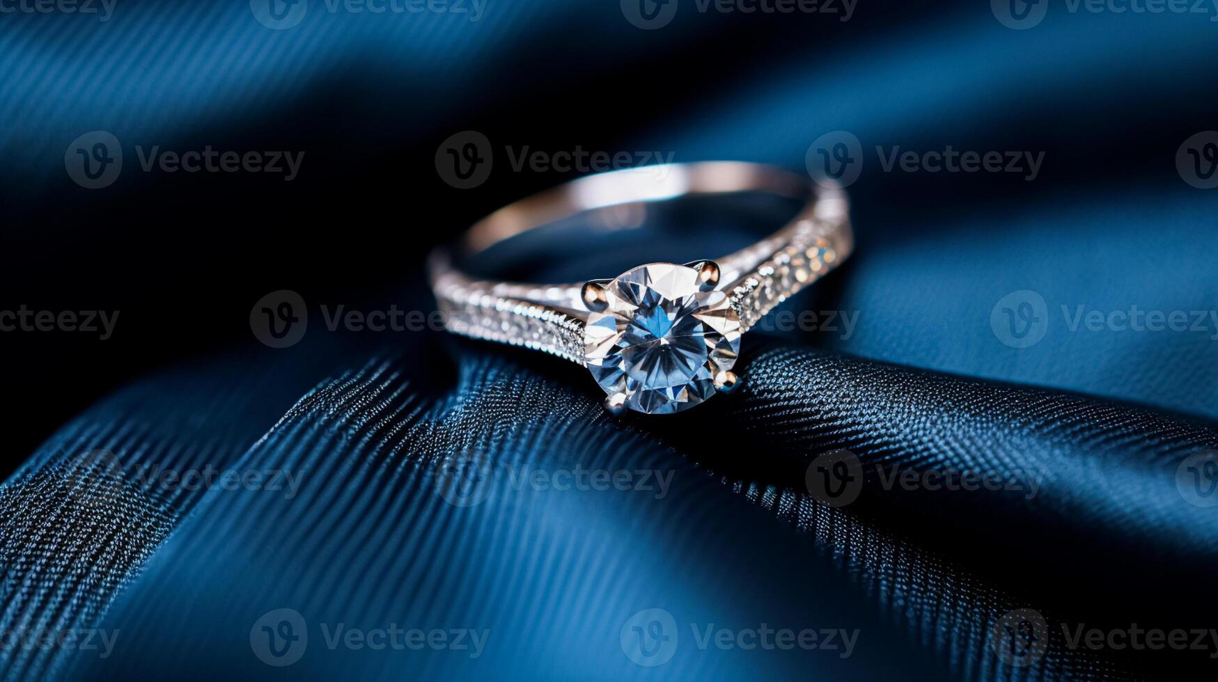 AI generated Jewellery, proposal and holiday gift, diamond engagement ring on blue silk fabric, symbol of love, romance and commitment photo