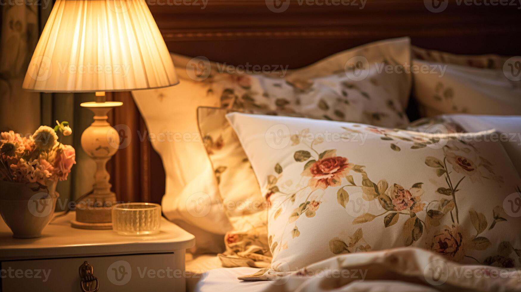 AI generated Modern cottage evening bedroom decor, interior design and home decor, bed with elegant bed linen bedding and lamp in English country house, holiday rental and cottage style photo